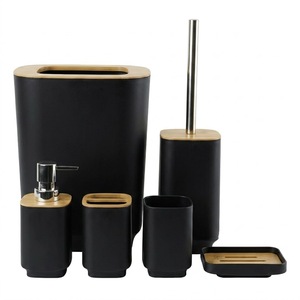 Juego de Accesorios de Baño de Bambú Moderno, Ecológico, Duradero y Reciclable de 6 Piezas, Dispensador de Jabón, Bote de <span class=keywords><strong>Basura</strong></span> de Plástico Negro - Product Image 1