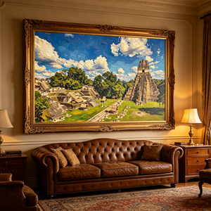 Pintura al Óleo Art Deco sobre Lienzo que Representa las Antiguas Ruinas <span class=keywords><strong>de</strong></span> <span class=keywords><strong>Tikal</strong></span>, <span class=keywords><strong>Guatemala</strong></span>. La selva tropical rodea los templos <span class=keywords><strong>de</strong></span> piedra mayas, y la luz del sol se desvanece. - Product Image 5