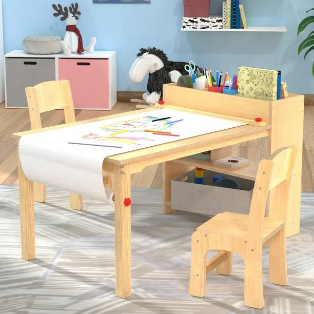 モダンな子供用お絵かき学習家具 木製キッズアートテーブルと2脚の椅子 