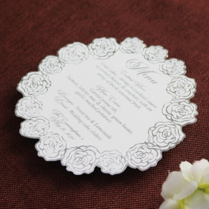 Thanh Lịch Màu Trắng Kết Cấu Giấy Menu Hình Dạng Hoa Bạc Foil In Ấn Cho Đám Cưới Tổ Chức Sự Kiện Bữa Ăn Tối Thẻ Trình Đơn Với Thiên Thần Động Vật - Product Image 4