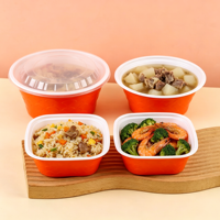 Contenant alimentaire jetable 195 Caliber PP, bol carré transparent à motif écaille de poisson, avec couvercle haut, orange et blanc, pour plats à emporter