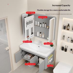 ตู้กระจกอัจฉริยะทรงโค้งพร้อมไฟส่องสว่าง วัสดุอะลูมิเนียมอวกาศ สำหรับห้องน้ำ พร้อมที่เก็บเครื่องสำอางและอ่างล้างหน้าเซรามิกแบบฝังลึก - Product Image 3