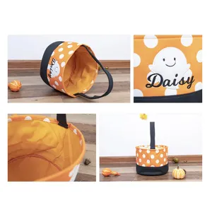 Cam Bí Ngô Lừa Hoặc Điều Trị Tote Trẻ Em Xô Giỏ Polka Dot Sọc Halloween Kẹo Túi