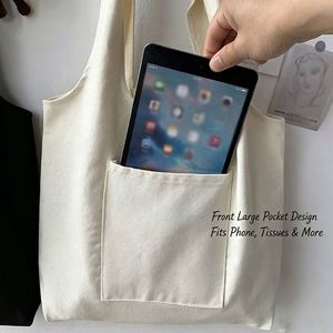 Sac fourre-tout en toile uni, sac à main de grande capacité avec poche intérieure, sac de shopping décontracté réutilisable pour l'usage quotidien des étudiants - Product Image 3