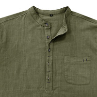Chemise décontractée homme en lin uni à col montant, manches longues, poches plaquées et boutons en corne perlés – Collection automne transfrontalière