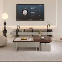 Ensemble de meuble TV et table basse en marbre et bois avec éclairage LED, design flottant noir pour salon, style moderne et luxueux