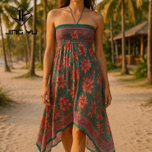 Vestido Maxi con Cuello Halter y Volantes con Estampado Floral Tropical, Vestido de Playa Fluido de Alta Calidad 100% Rayón Voile - Product Image 1