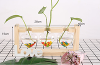 Vente chaude écologique Durable carré de table hydroponique jardinière en verre support en bois Terrarium Vase Pots de fleurs forme d'ampoule