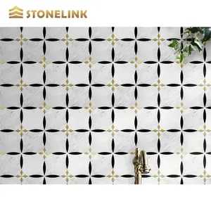 Waterjet marmer mosaik logam labu bunga pattens marmer mosaik kamar mandi lantai backsplash ubin dinding