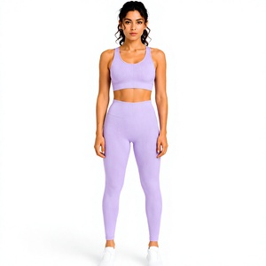 Women's Lavender Ribbed Yoga Set High Waist Full Length Leggings Scoop Neck <b>Racerback</b> <b>Bra</b> 2 Piece Workout Clothing - Product Image 1