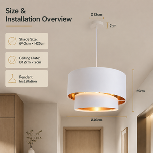 Lampe suspendue moderne en tissu, blanc et or, abat-jour double couche, 40cm, E27, pour salle à manger, chambre à coucher, décoration intérieure - Product Image 4