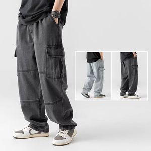 Pantalones Cargo de Mezclilla para Hombre, Estilo Hip Hop, a la Moda, Transpirables, de Cintura Media, con Doble Bolsillo Estéreo, Lavado Retro, Primavera-Otoño - Product Image 1
