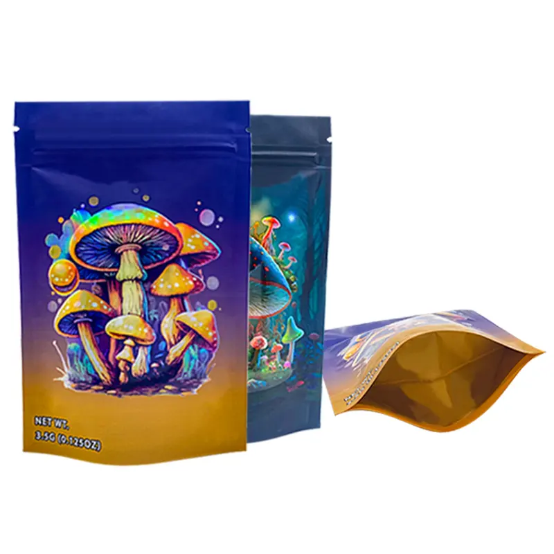 Personalizado cheiro prova imprimindo mylarbag holográfico em pé alumínio folha zíper saco plástico do empacotamento de alimento do cogumelo dos doces