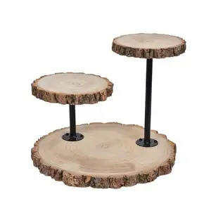 素朴なウッドスライスカップケーキスタンド天然木製ケーキスタンドデザートディスプレイ金属ポール付き木製カップケーキタワー