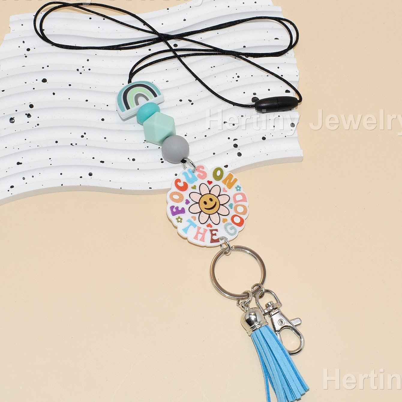 New Bohemian Wood Bead Keychain Badge Holder Cute Diamond Silicone Key Ring Lanyard With Clip for Teachers Students Gift Idea