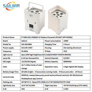 Projecteur LED sans fil Sailwin haut de gamme <span class=keywords><strong>6</strong></span>*18W UPLight <span class=keywords><strong>6</strong></span>-en-1 DMX512 alimenté par batterie (avec flight case) - pour mariage, DJ, scène, club, discothèque - Product Image 3