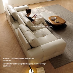 Sofá recto de cuero genuino de grano completo estilo crema con asiento profundo ajustable para sala de estar - Product Image 4