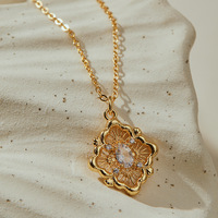 Collier pendentif fleur en filigrane plaqué or véritable 18 carats, zircon ovale multicolore, motif bambou, pour femme, bijou vintage, cadeau