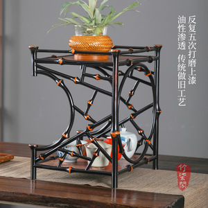 Bamboo Lacquered Tea Shed With Woven Top And Bottom Shelf For Tea Set Storage Desktop Display Rack - Product Image 4
