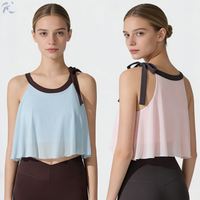 Top Deportivo Corto de Malla Fluida con Tirantes Cruzados para Mujer, 2 en 1, con Sujetador Incorporado, Suave como la Mantequilla, Transpirable, para Gimnasio, Yoga y Fitness