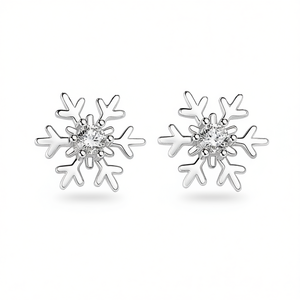 Orecchini a lobo con fiocco di neve in oro bianco e zirconi rotondi incastonati a griffe, gioielli alla moda e graziosi per donna, idea regalo - Product Image 1