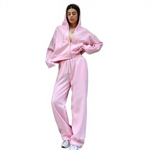 Ensemble de survêtement 2 pièces personnalisé pour <span class=keywords><strong>femme</strong></span>, 100 % coton 400g, comprenant un sweat à capuche court et un pantalon de survêtement, imprimé, uni, écologique, respirant, OEM, style sportif - Product Image 1
