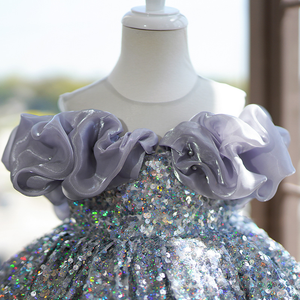 Abito <span class=keywords><strong>elegante</strong></span> da bambina di fascia alta per bambini con paillettes papillon monospalla vestito da ragazza - Product Image 4
