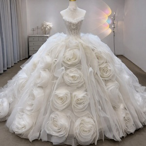 Lsjj166 Magnifique Robe de Mariée Ivoire en Dentelle avec Corsage Perlé, Rosette Florale 3D Géante et Jupe Bouffante, Coupe Cathédrale Jancember - Product Image 1