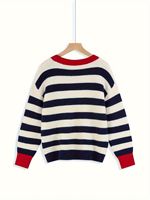 Pull à col rond rayé contrasté respirant pour femmes, à manches longues, côtelé, décontracté, pour le quotidien, 100% polyester