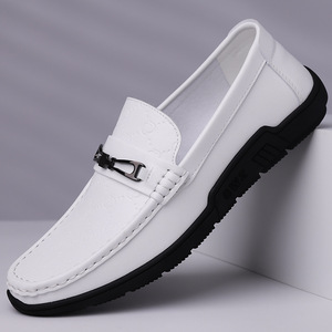 Mocasines de Cuero Blancos para Hombre, Estilo Slip-on, Tacón Bajo, Zapatos Casuales para Conducir, Diseño de Costuras de Color Sólido, Origen Wenzhou - Product Image 1