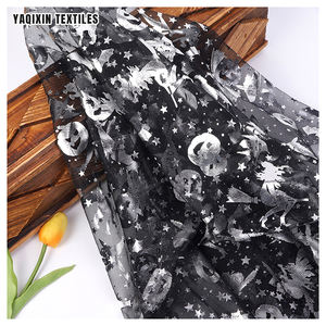 Tela de Tul Estampada con Diseño de Telaraña de Araña y Calabaza, Negra, de Poliéster, con Purpurina Dorada y Plateada, para Halloween - Product Image 1