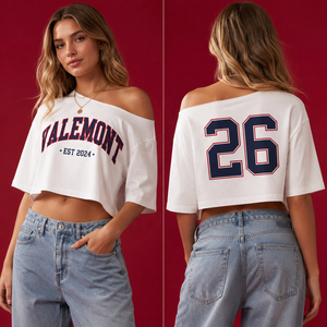 Custom Number Women Off Shoulder <b>Crop</b> <b>Top</b> Shirt College Style <b>Crop</b> Tee Streetwear Vintage Graphic Short Sleeve <b>Top</b> For Game Day - Product Image 3