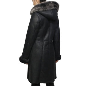 Manteau d'hiver long en cuir véritable avec capuche, doublure en fourrure, double boutonnage, coupe-vent, style décontracté - Product Image 2