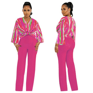 Conjunto de Oficina Q30728, Elegante para Mujer, Camiseta <span class=keywords><strong>con</strong></span> Cuello en V y Rayas Tie Dye, Pantalones Rectos, <span class=keywords><strong>Traje</strong></span> de Negocios - Product Image 6
