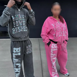 Ensemble de pantalons de survêtement à capuche surdimensionnés en éponge française personnalisée 100% coton avec strass Survêtement Boxy zippé pour hommes - Product Image 1