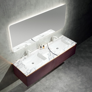 Meuble de rangement mural de salle de bain en bois massif au design moderne et luxueux, double vasque haut de gamme pour villas, porte laquée - Product Image 5