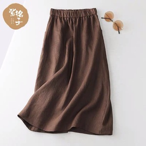 Women's Cotton Linen Midi <b>Skirt</b> <b>Elastic</b> Waist A-Line Solid Color Khaki Casual Wear - Product Image 2