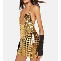 Robe mini de soirée sans manches et dos nu pour femme, en sequins dorés effet miroir et argenté, style disco, avec chaînettes et taille naturelle