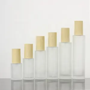 Frasco de vidrio esmerilado para crema facial, botella de vidrio con tapón de rosca, pulverizador de suero y bomba con tapa de madera, 30g, 50g