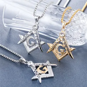 Hip Hop Cubic Zirconia Freemason Symbol Gold Plated Stainless Steel Masonic Pendant For Men