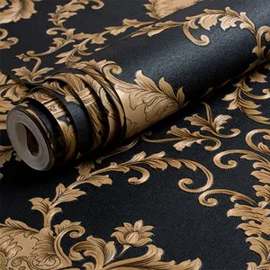 גבוהה כיתה שחור זהב יוקרה מובלט מרקם מתכתי 3D דמשק טפט רול ויניל PVC קיר נייר