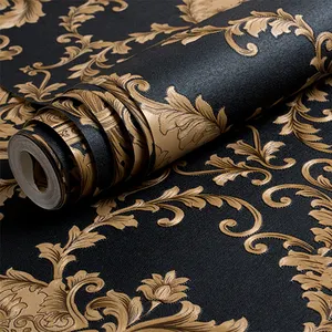 High Grade Schwarz Gold Luxus Geprägte Textur Metallic 3D Damast Tapete Rolle Vinyl PVC Wand Papier