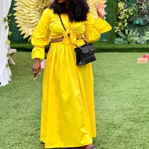 Sexy Women's Solid Collar Sleeve <b>Tie</b>-Front Shirt Long Dress African New Style Casual 2-Piece <b>Set</b> Fashion - Product Image 3