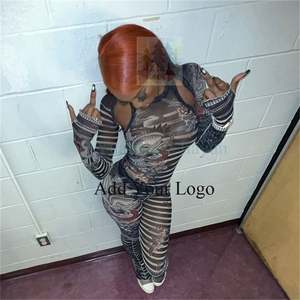 Langarm V-Ausschnitt Bare Midriff Tops Hose mit hoher Taille Damen Sets Mesh Striped Print 2-teiliges Set Damen - Product Image 5