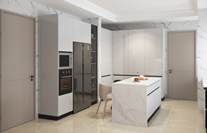 Armoires de cuisine en marbre en forme de L modernes SANTOPOVA avec appareils intégrés et rangement avec porte en verre - Product Image 2