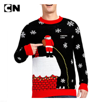 Suéter de Navidad divertido de punto personalizado al por mayor para hombre, con diseño de techo roto que se ilumina, suéter feo con logo frontal.