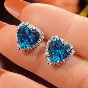 Valentine's Day Jewelry Eco-friendly Copper 15*15MM Heart Cut Cubic Zircon Imitation Blue <b>Crystal</b> Necklace/<b>Earrings</b>/Ring Set - Product Image 6