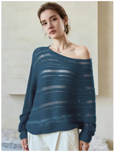 Maglione Casual da Donna all'Ingrosso, Maglia Monospalla a Maglia Larga con Texture Traforata a Righe e Maniche Lunghe - Product Image 1
