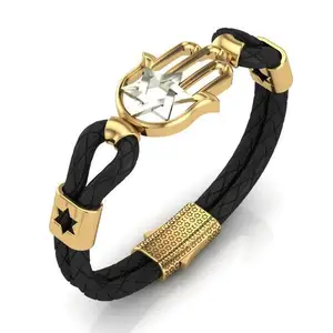 Hamsa hand charm gold plating jewelry women's leather bracelet
