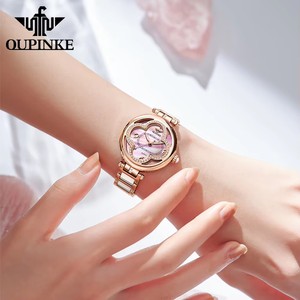Montre femme OUPINKE 3272 élégante en or rose avec bracelet en céramique, double face, mouvement quartz japonais, montres de luxe pour femmes. - Product Image 3